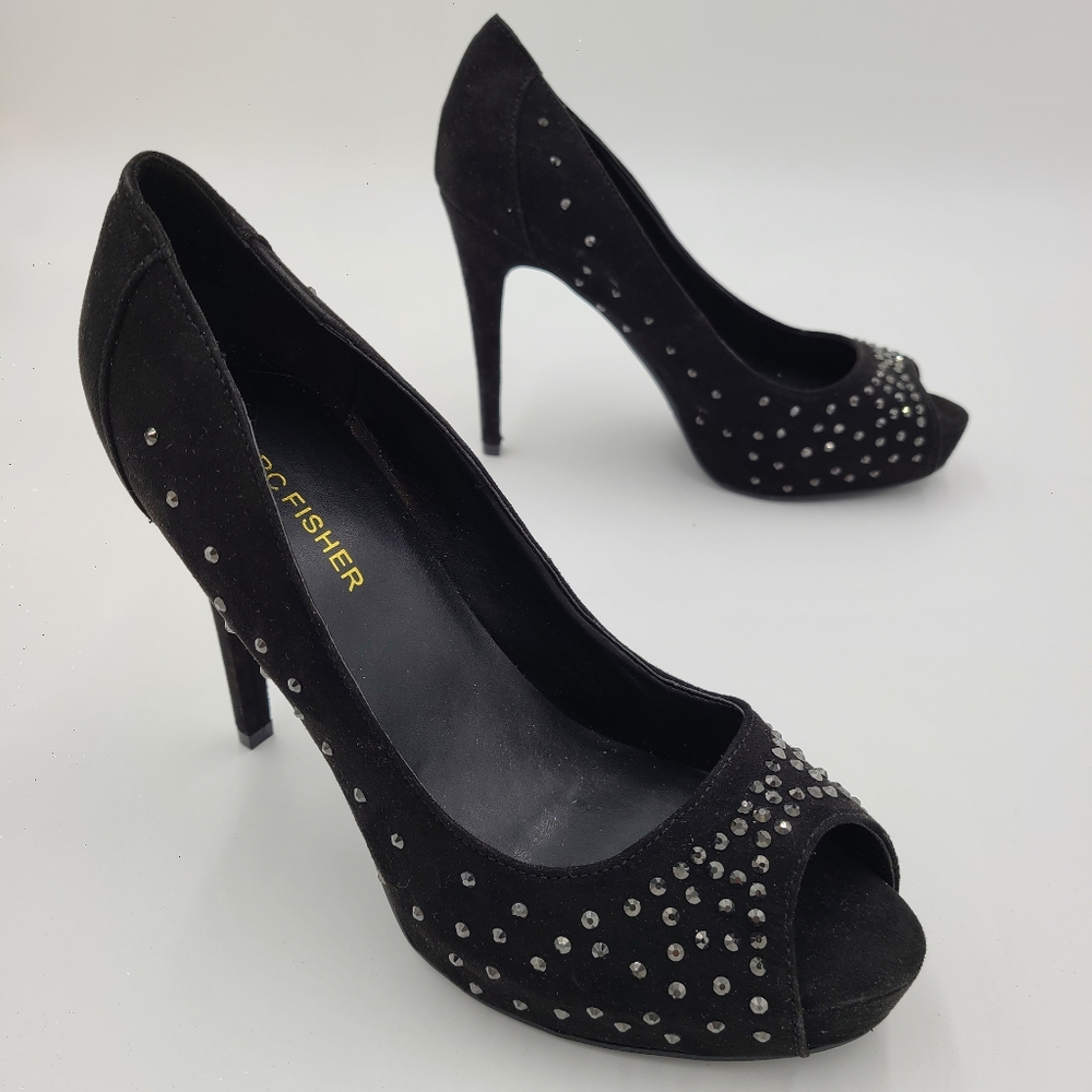 Marc Fisher MFHARPYR- SS Studded  Pumps Faux Suede Rhinestone 8M Black 5 Inches